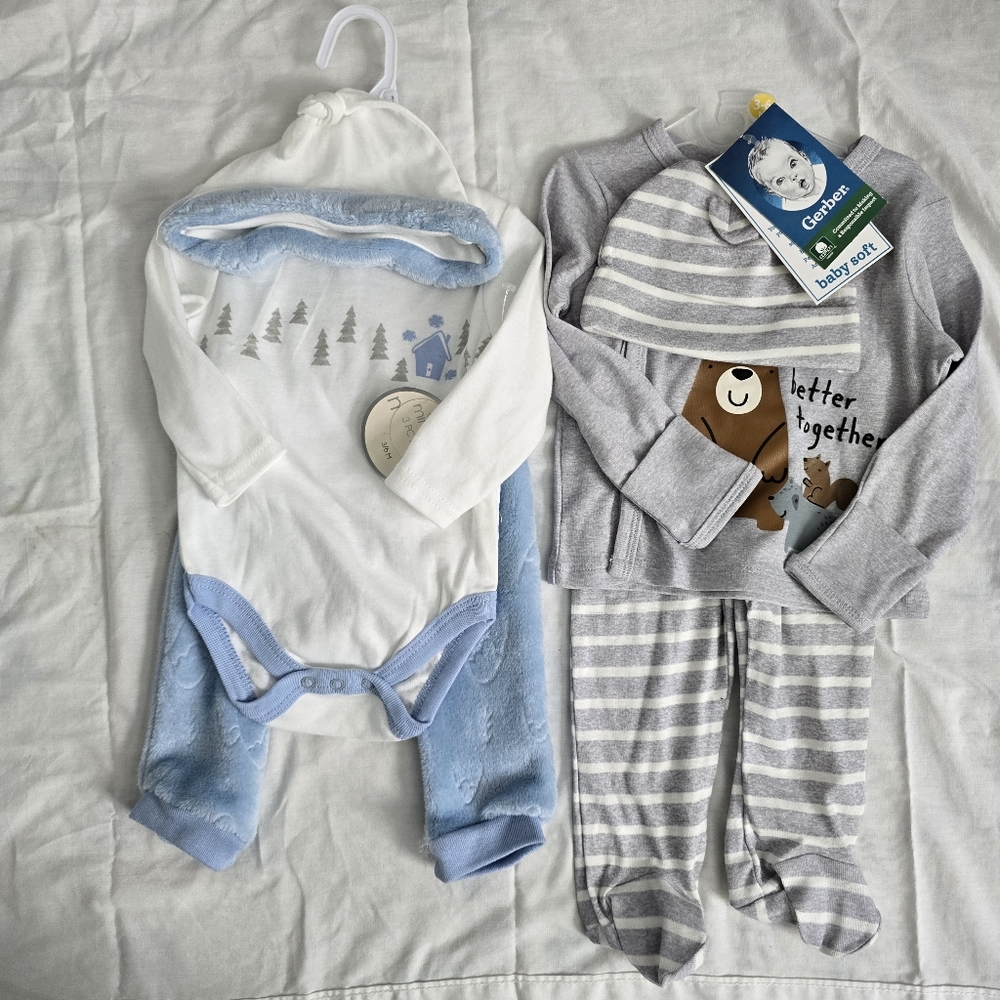 3Pc Take Me Home Set Footed Pants & Side Snap Mitten Cuff Shirt 0-3 Mo Lot of 2